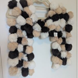 Faux Fur Pom Pom Scarf in Black, White, and Tan